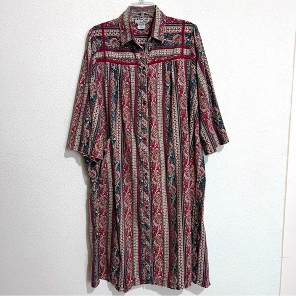 Vintage Saybury Coffee Coat Red Green Paisley Print Boho Indie Hippie Labcoat 2X